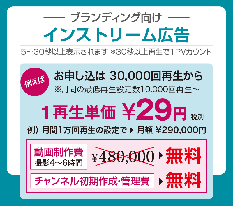 インストリーム広告　5～30秒以上再生されます　※30秒以上で1PVカウント